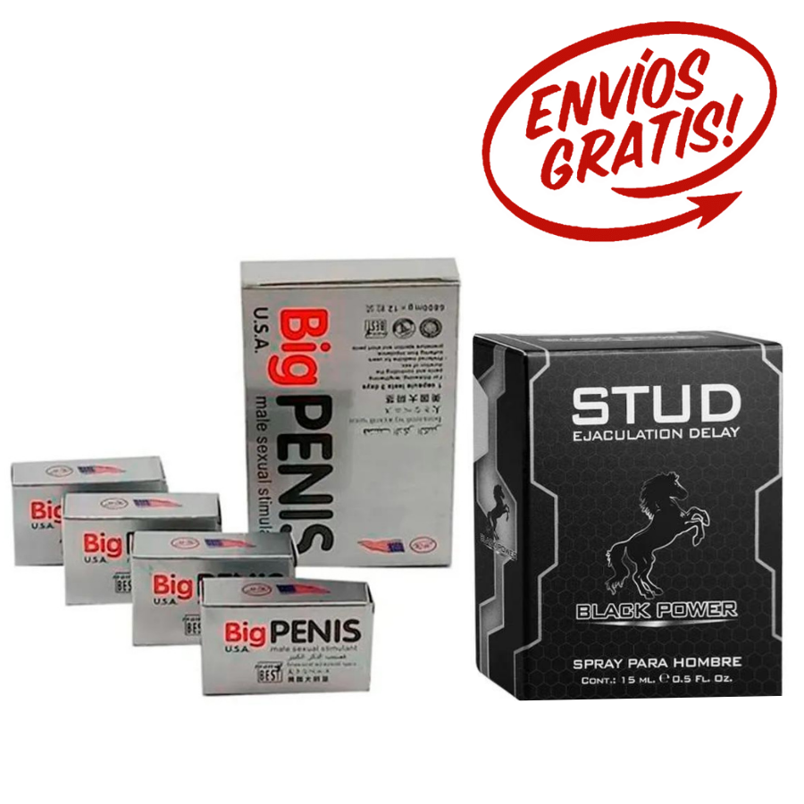 Big Penis Potenciador Sexual Estimulante Masculino *12 Servicios + Retardante En Spray Para Hombre Stud Black Power 15Ml